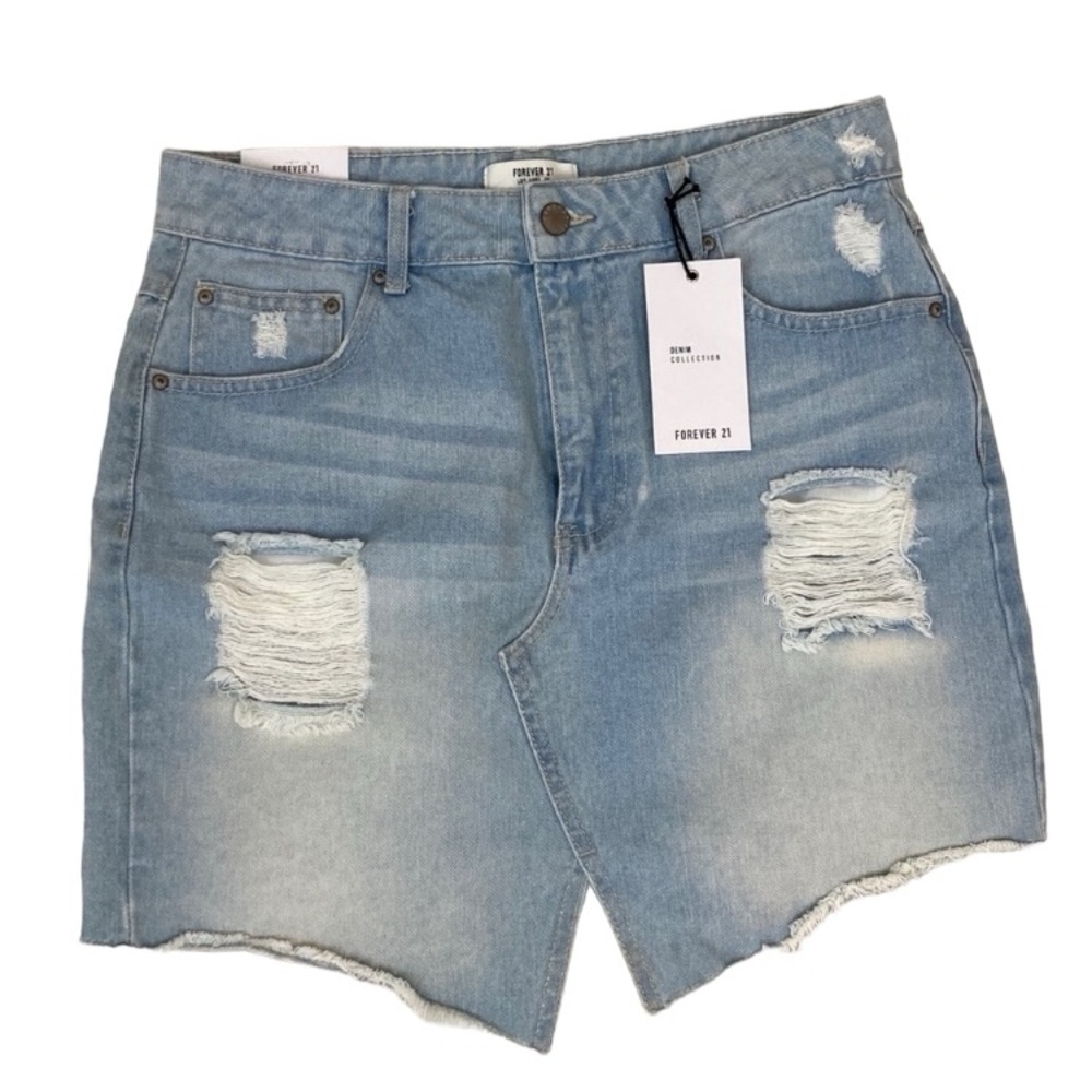 Forever 21 Denim Skirt Distressed Unfinished Hem Front Slit Light Wash 29